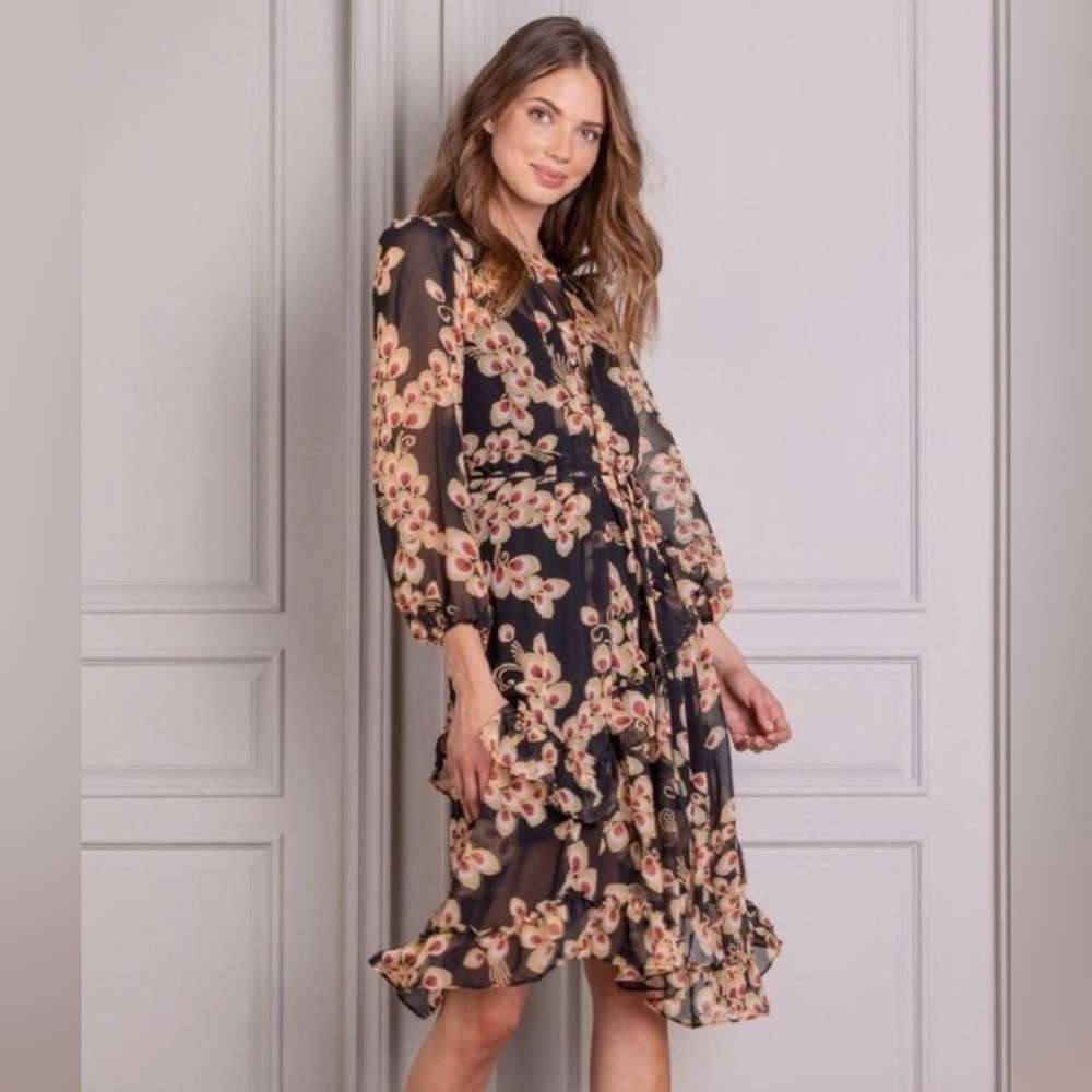 Senlis NWOT Elegant Black Floral Long Sleeve Midi Dress